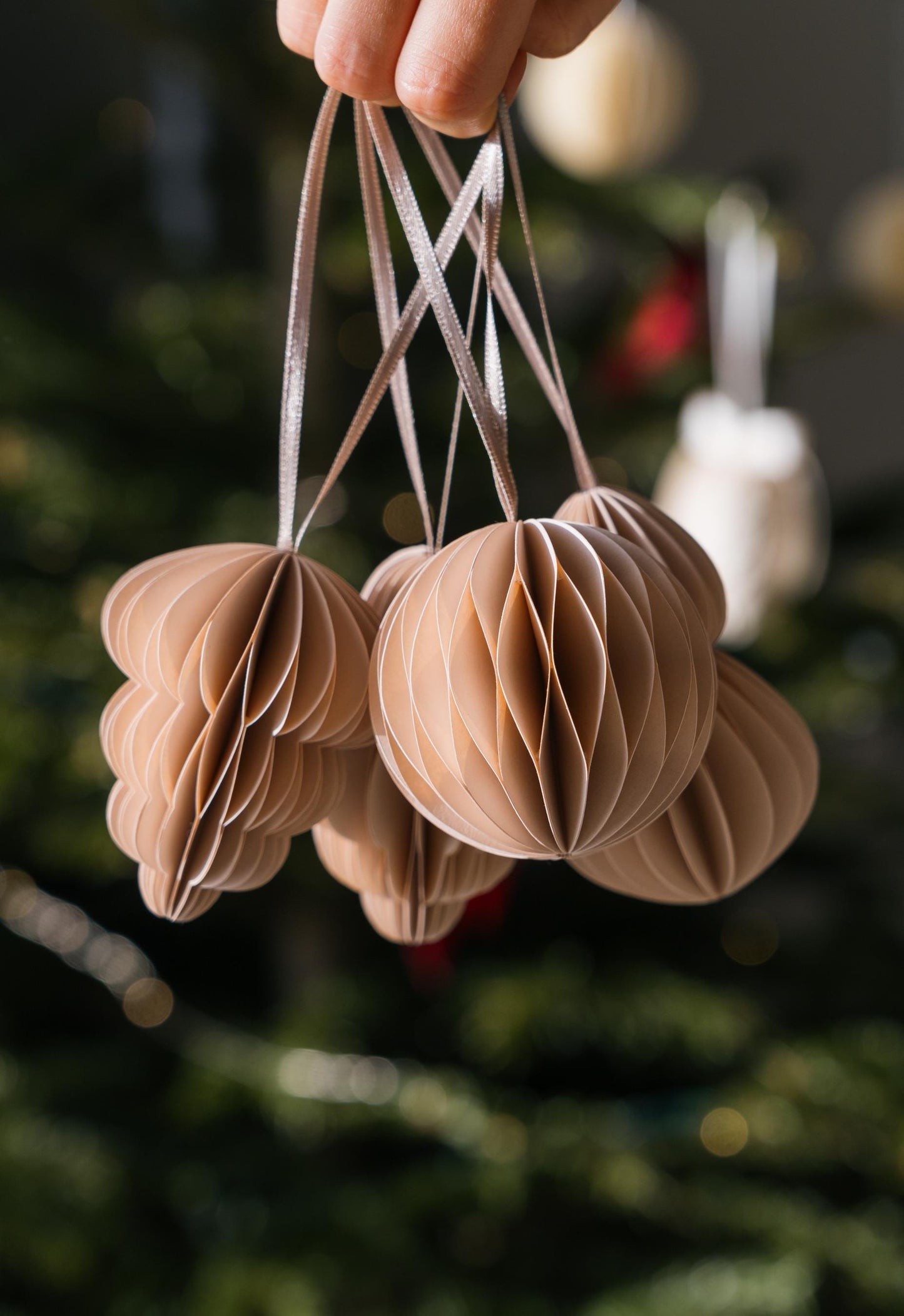 Beige Honeycomb Paper Decorations: Scandi Festive Decor, Set of 4