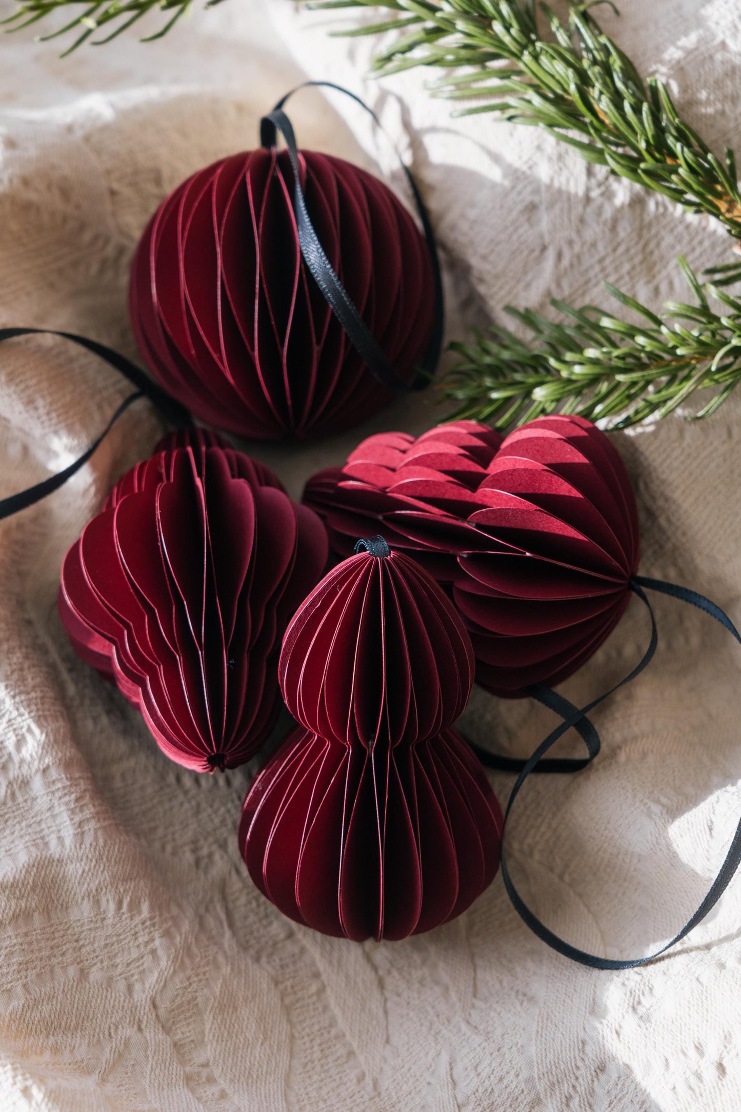 Handmade Bordo Honeycomb Paper Decorations: Scandi Festive Set