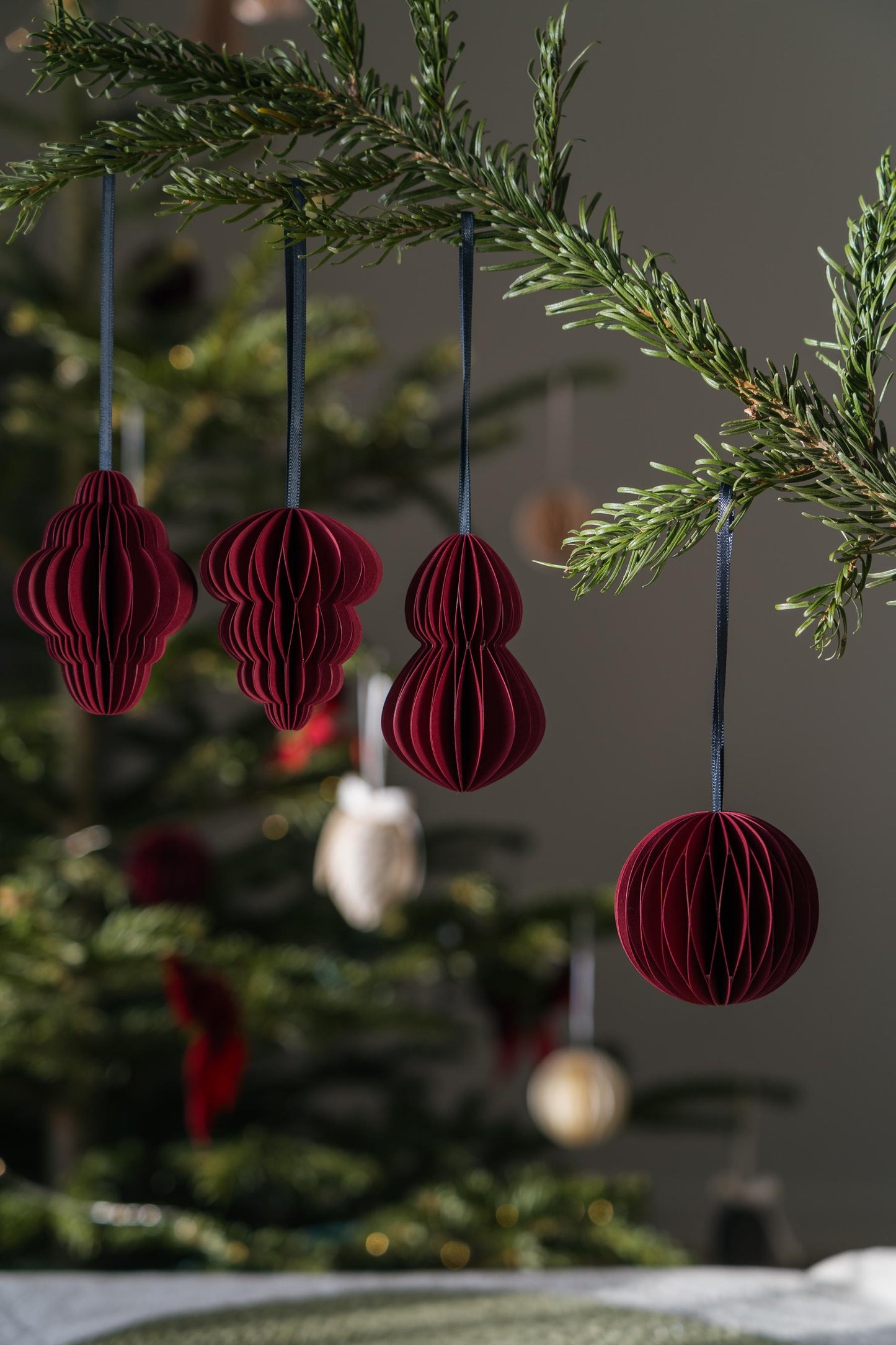 Handmade Bordo Honeycomb Paper Decorations: Scandi Festive Set