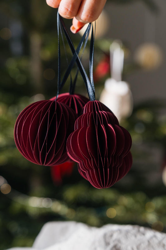 Handmade Bordo Honeycomb Paper Decorations: Scandi Festive Set